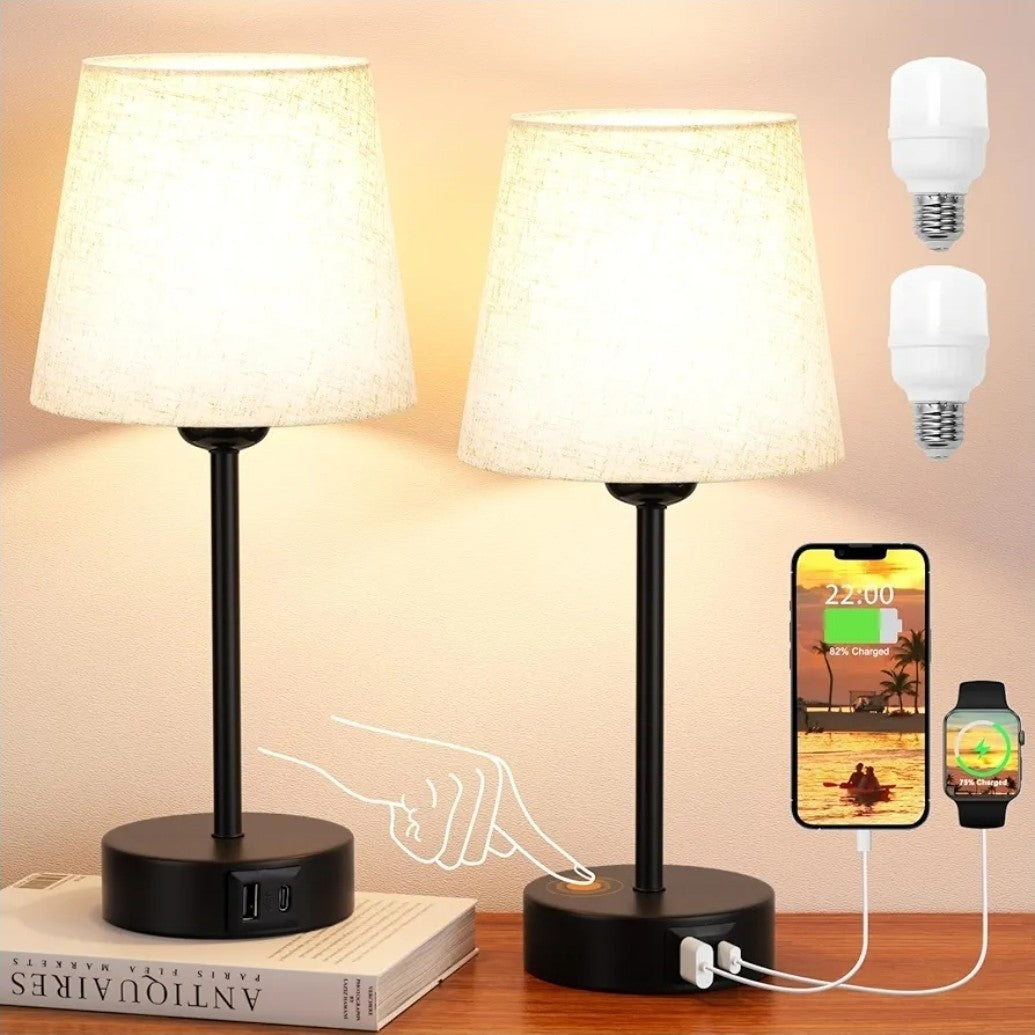 Set of 2 Touch Bedside Table Lamps with 3-Way Dimmable Light – Off-White Fabric 