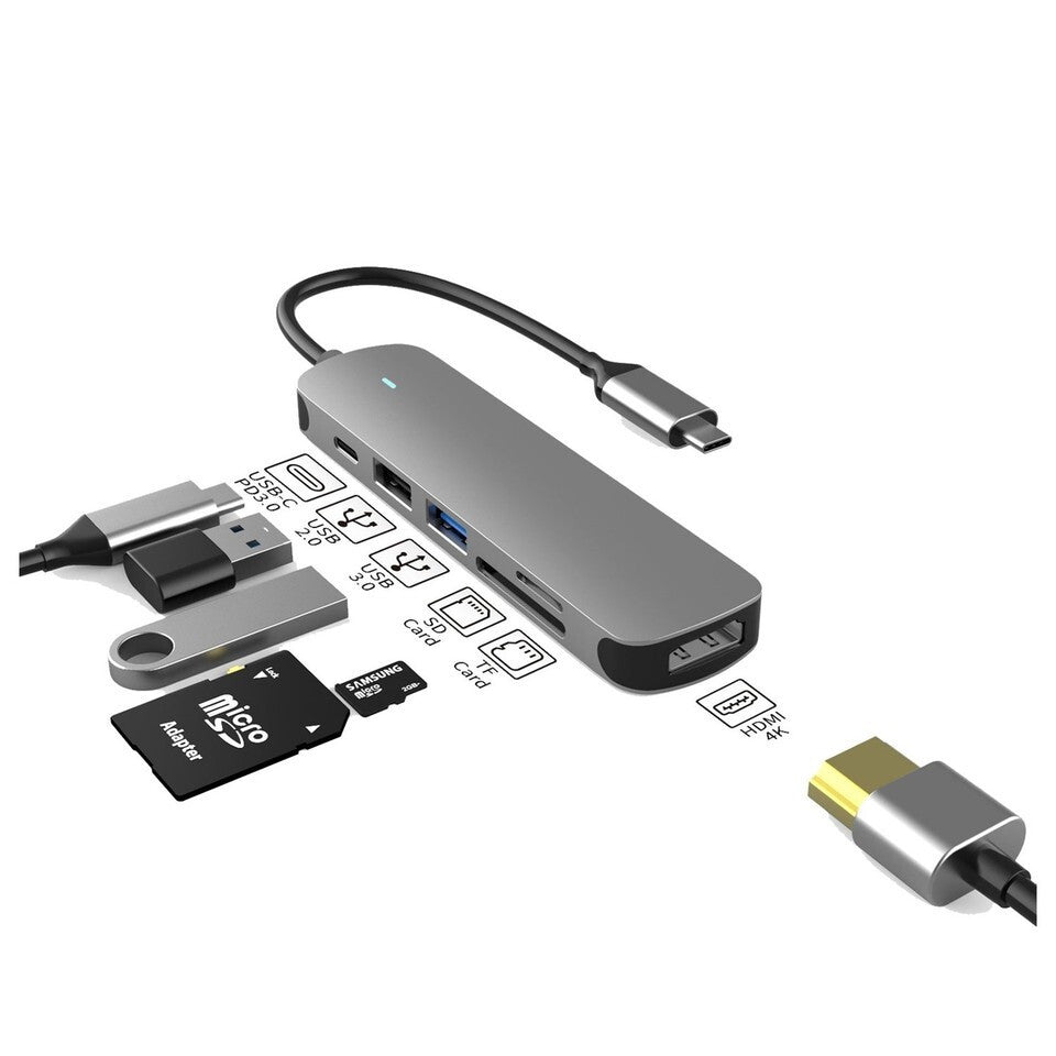 6-in-1 USB-C Travel Hub Docking Station | 2 USB-A, Type-C, HDMI, Micro SD, TF