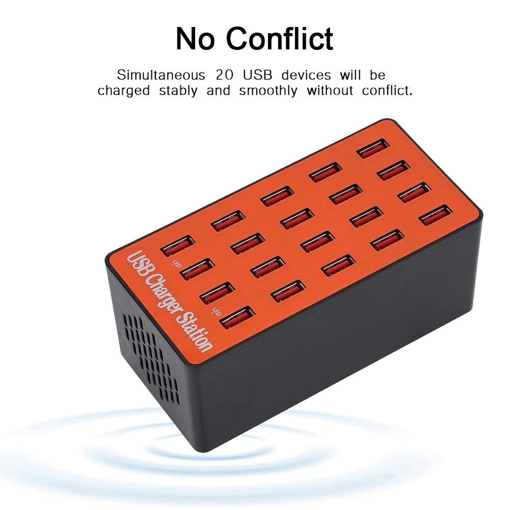 20-Port USB Charging Hub–Fast Charger Station 80W 16A, Multi-Device Desktop USB 