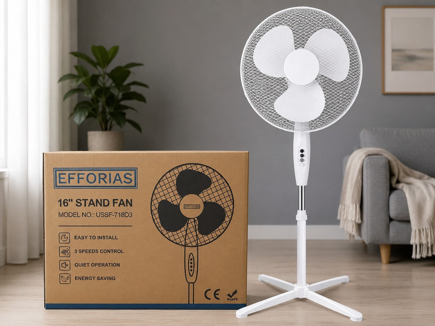 Fan 16" White Pedestal Standing Fan 3 Speed Oscillating Quiet Cooling Home Offic