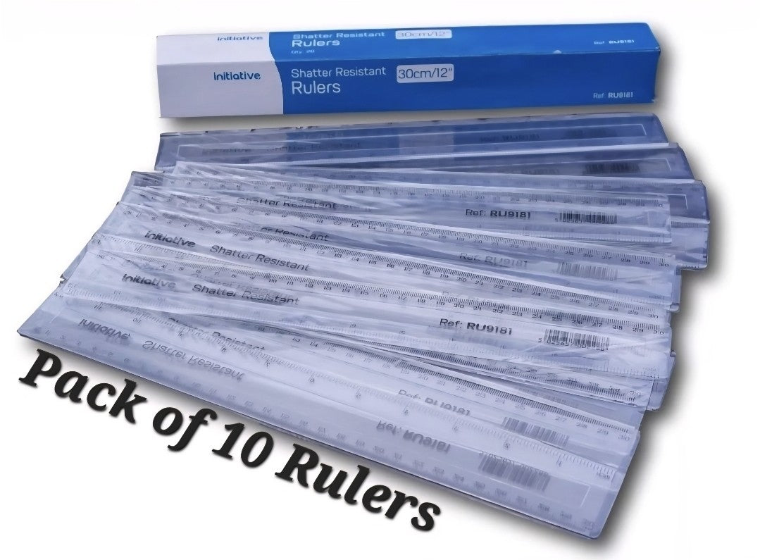 Pack of 10 Rulers shatter resistant clear plastic rulers 30cm (12 Inch)