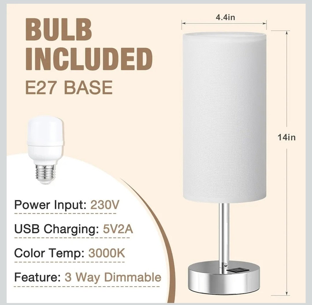 Set of 2 Touch Bedside Table Lamps with 3-Way Dimmable Light – Off-White Fabric 
