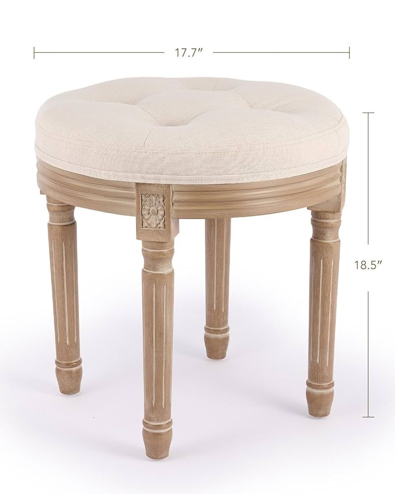 New Ottoman Vanity Stool 45cm French Vintage Round Tufted Upholstered Beige Seat
