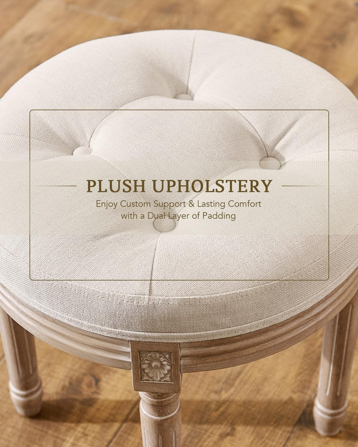 New Ottoman Vanity Stool 45cm French Vintage Round Tufted Upholstered Beige Seat