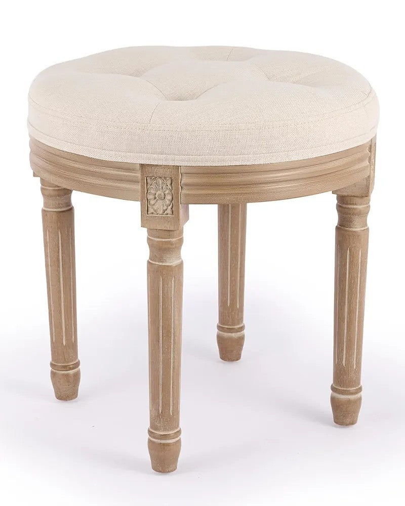 New Ottoman Vanity Stool 45cm French Vintage Round Tufted Upholstered Beige Seat