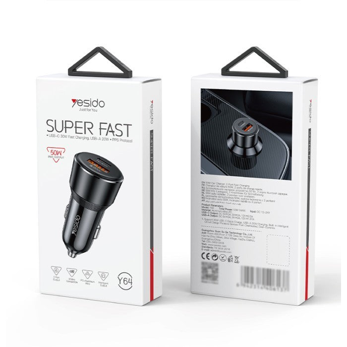Fast Car Charger 50W Dual, USB-C PD & USB-A Fast Charge Plug for Phone & Tablet