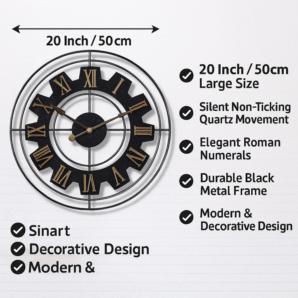 Wall Clock Large Size 50cm Metal | Modern Silent Roman Numeral Decorative Home