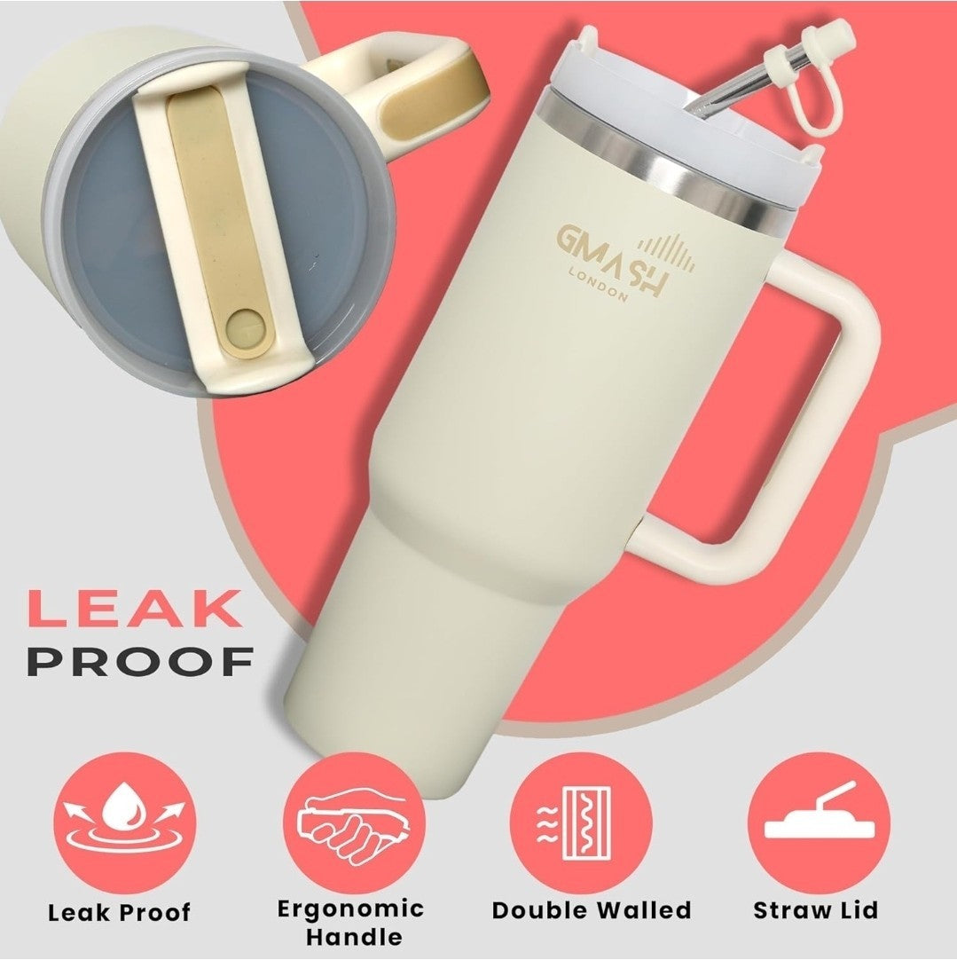 GMASH London Leak-Proof Travel Mug – 40oz Double Wall Tumbler with Handle & Stra