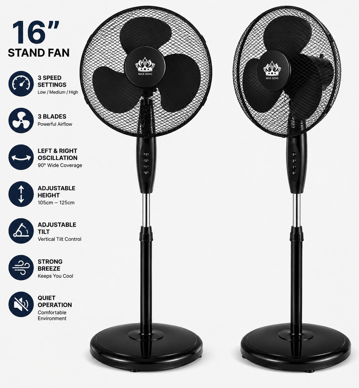 MAX KING 16" Stand Fan White 3 Speed Oscillating Pedestal Fan Heavy Round Base