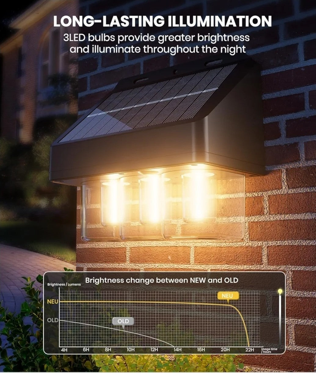 2 Pack Solar Fence Lights Outdoor, Wall Lights for Garden,Patio, IP67, 3 Bulbs