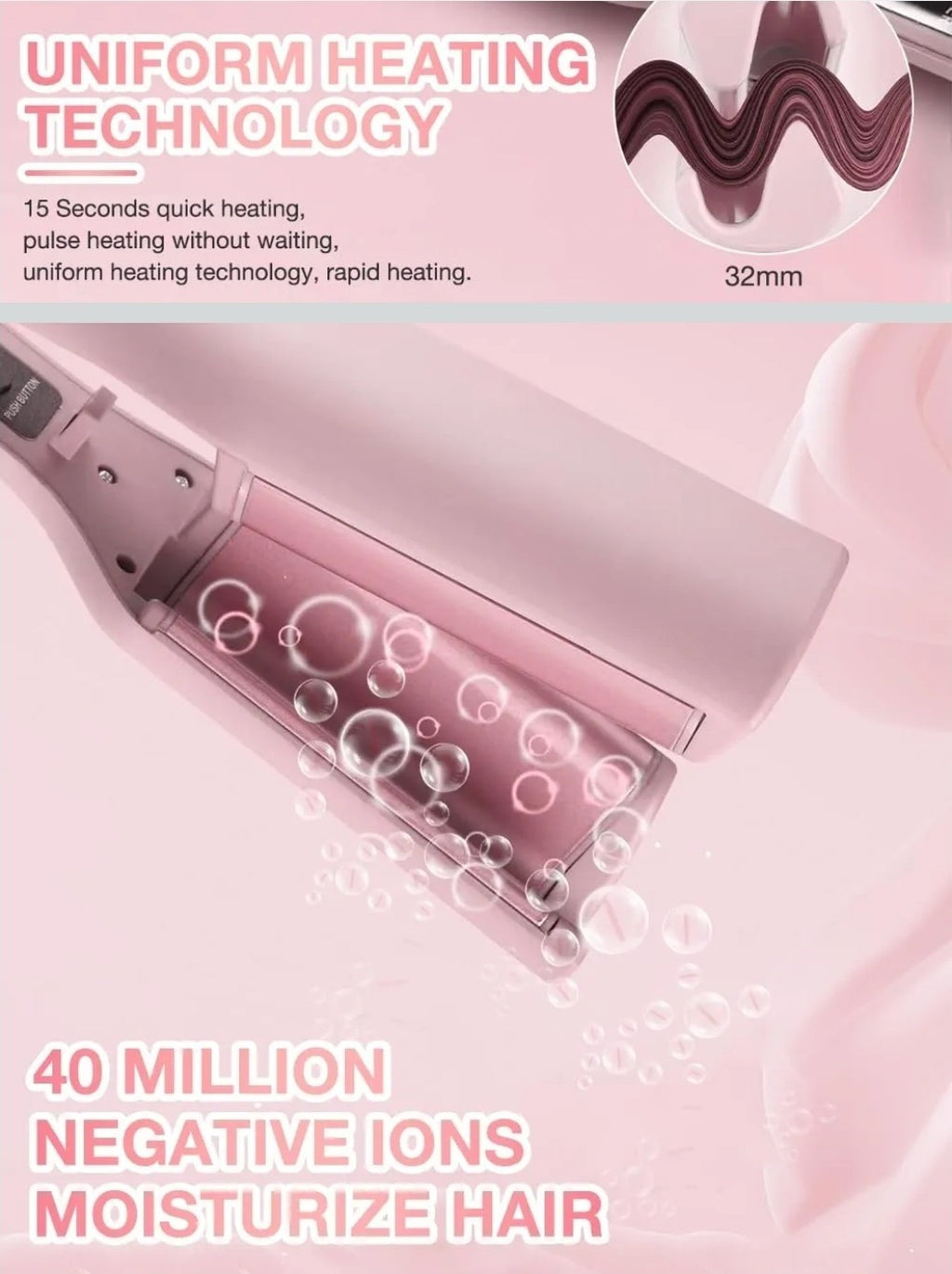 Big French Wave Hair Curler 32mm V-Shaped Waver Iron with 4 Heat Settings – Pink