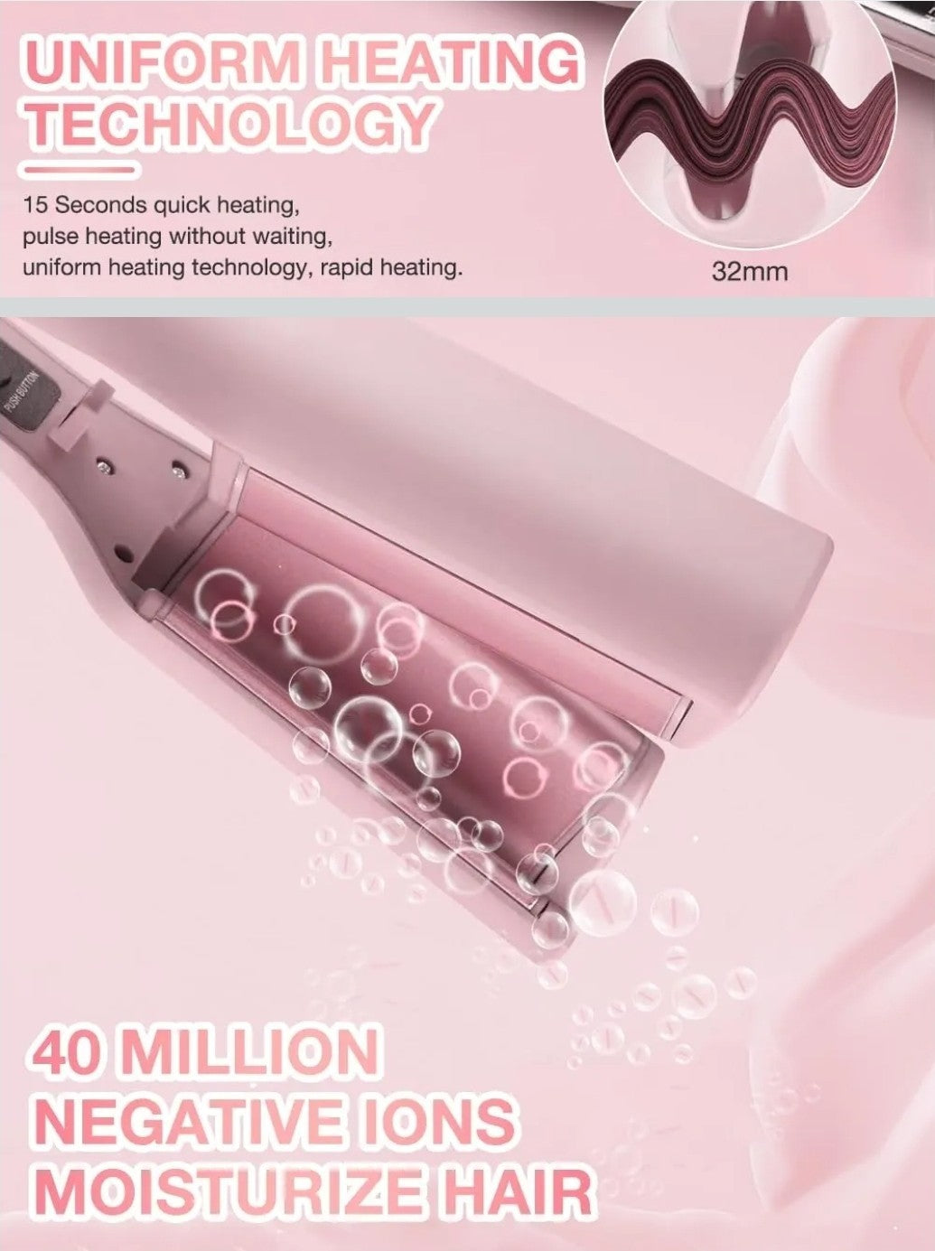 Big French Wave Hair Curler 32mm V-Shaped Waver Iron with 4 Heat Settings – Pink