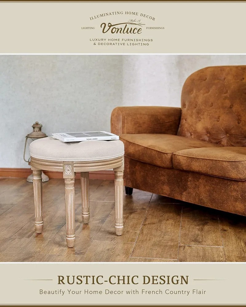 New Ottoman Vanity Stool 45cm French Vintage Round Tufted Upholstered Beige Seat