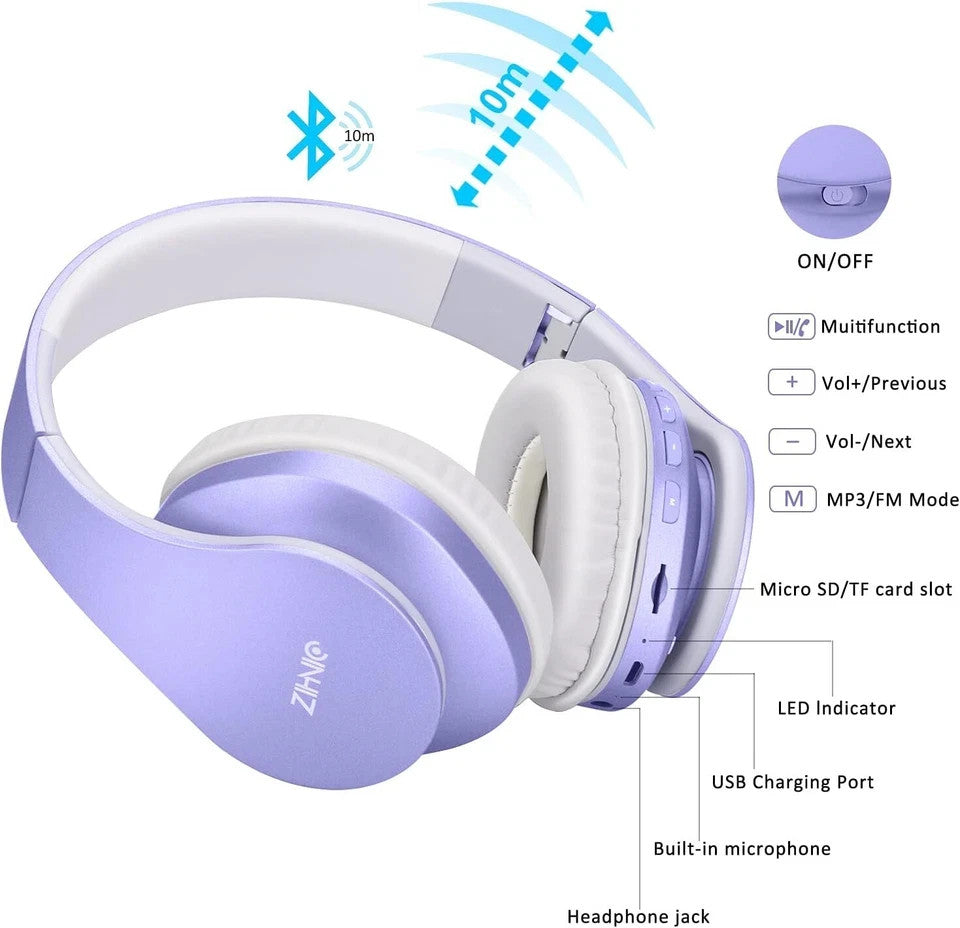ZIHNIC Bluetooth Headphones Over-Ear, Foldable Wireless and Wired Stereo Headset