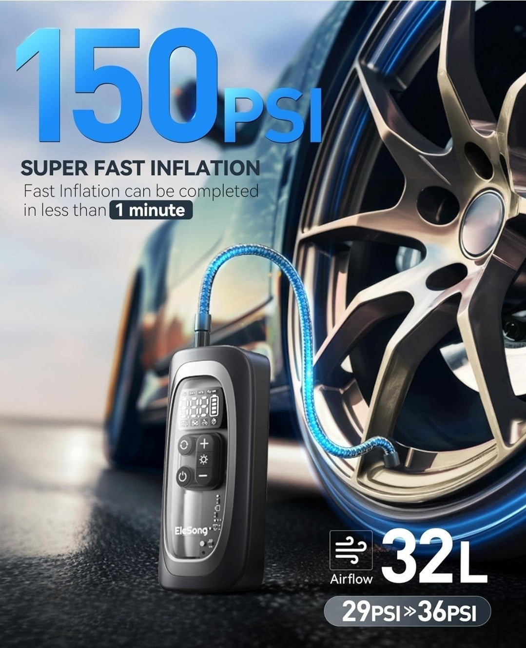 Elesong Smart Electric Air Pump T03 – 150PSI Portable Cordless Tyre Inflator
