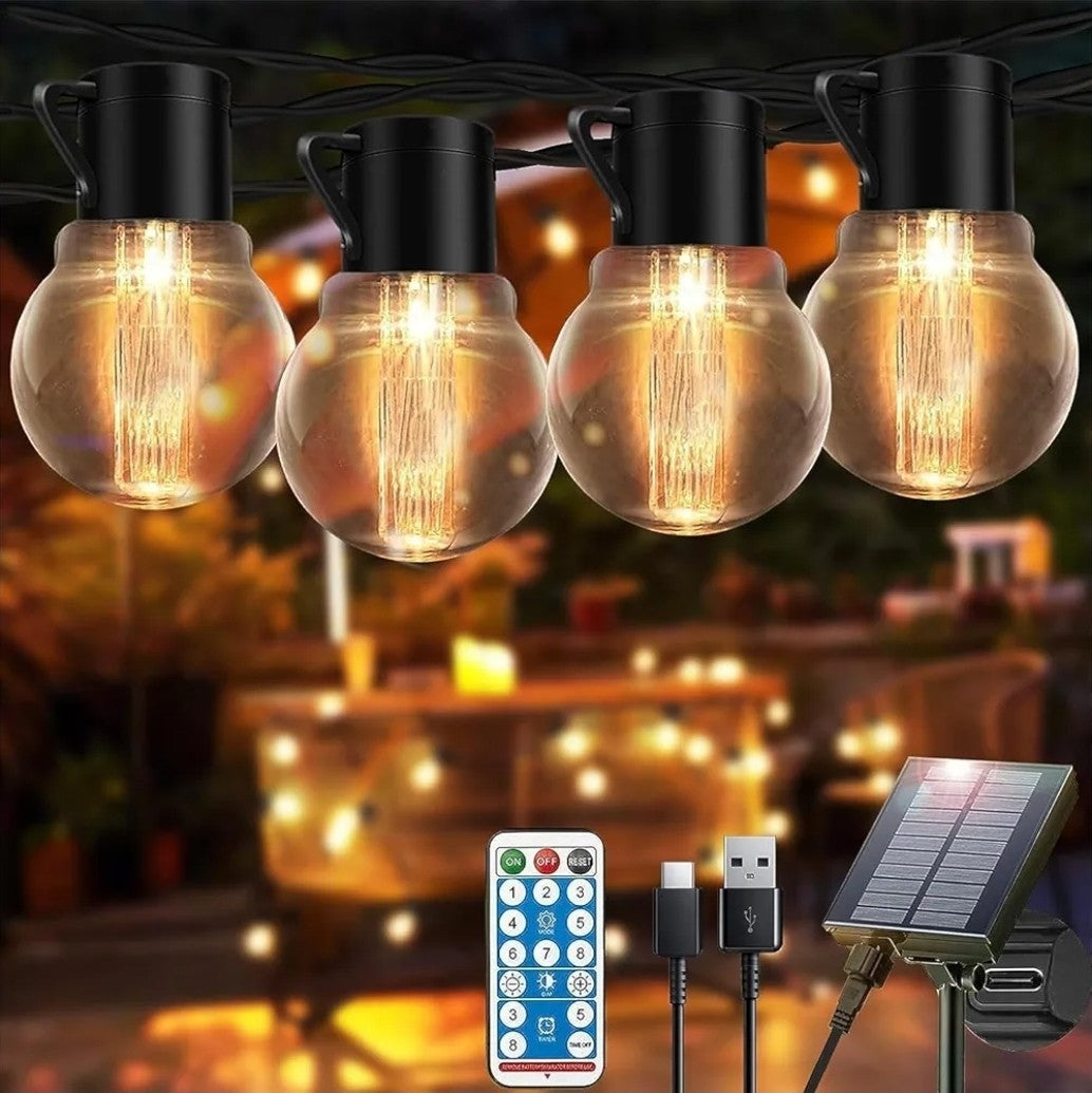 30ft solar & Usb Power outdoor garden Festoon String Light Waterproof 20 Bulbs