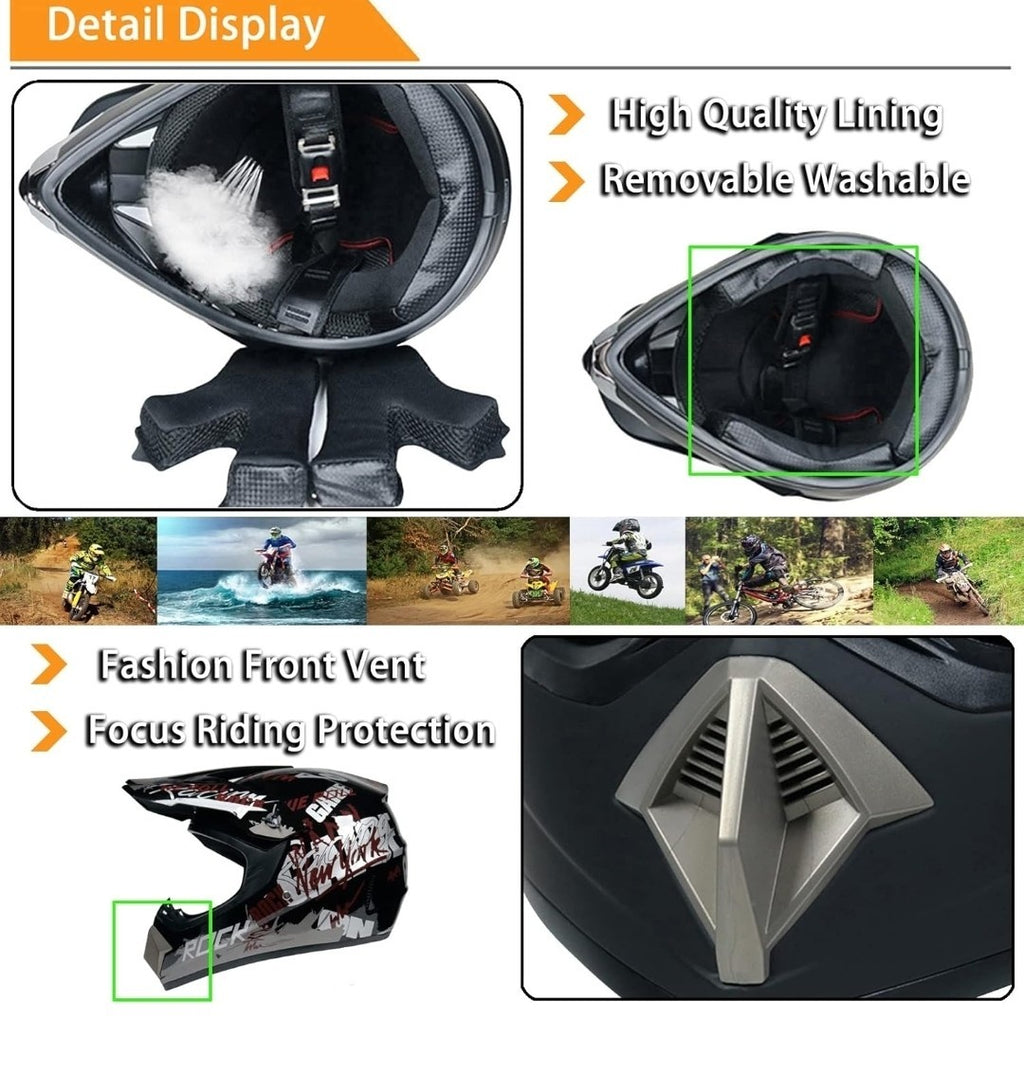 Adult & Kids Motocross Full Face Helmet Set w/ Goggles Gloves Mask Net ATV BMX S