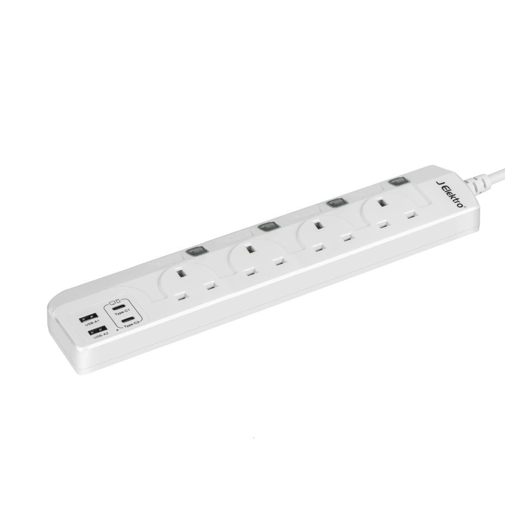 J Elektro 4 Way Extension Lead with Individual Switches, 4 USB Ports, 3 Meter 