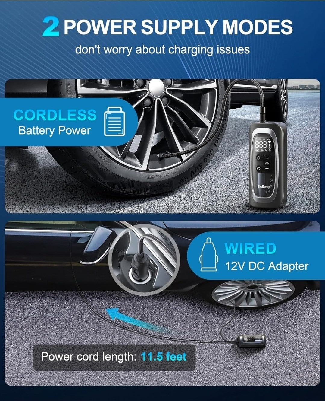 Elesong Smart Electric Air Pump T03 – 150PSI Portable Cordless Tyre Inflator