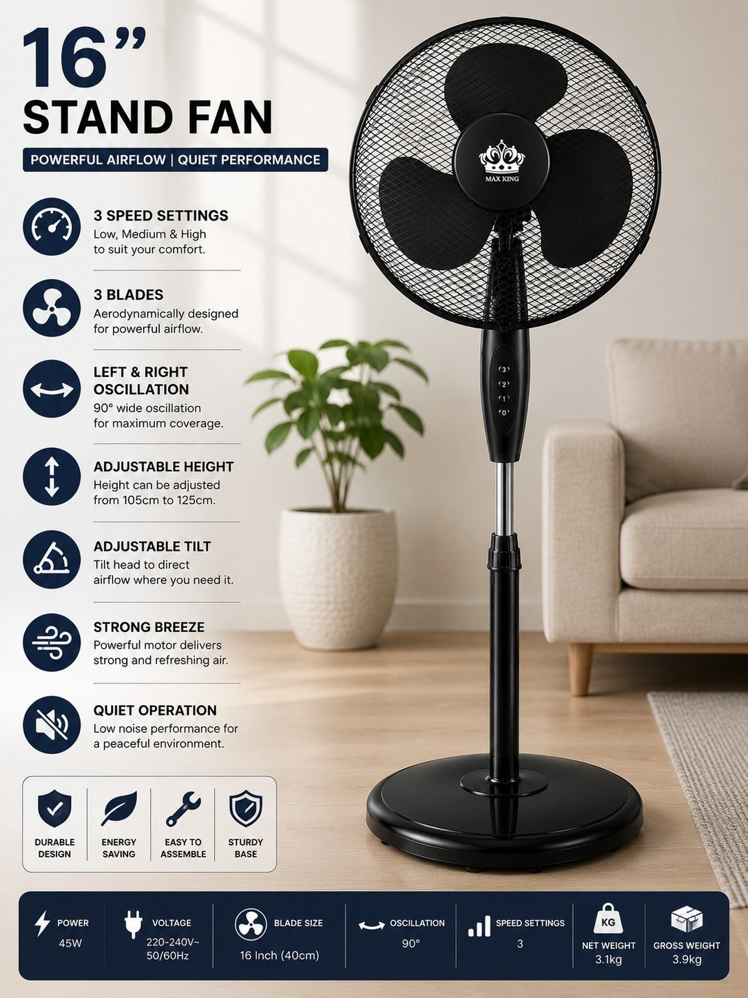 MAX KING 16" Stand Fan White 3 Speed Oscillating Pedestal Fan Heavy Round Base