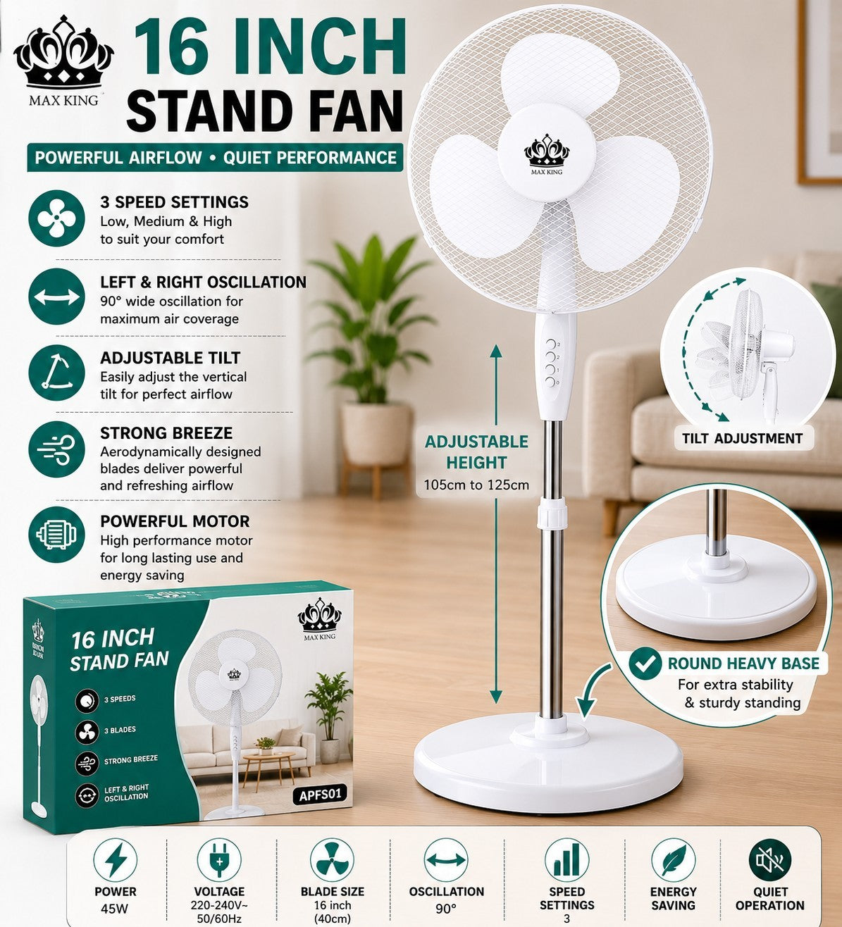 MAX KING 16" Stand Fan White 3 Speed Oscillating Pedestal Fan Heavy Round Base