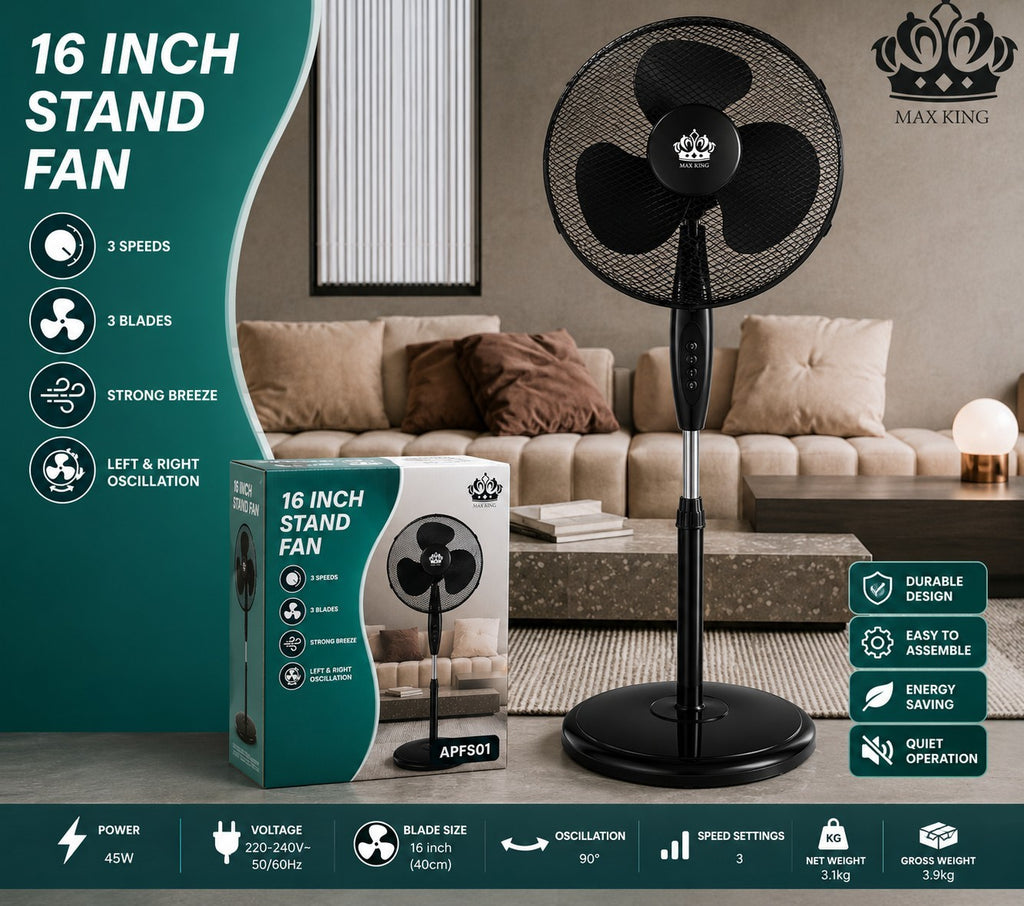 MAX KING 16" Stand Fan White 3 Speed Oscillating Pedestal Fan Heavy Round Base