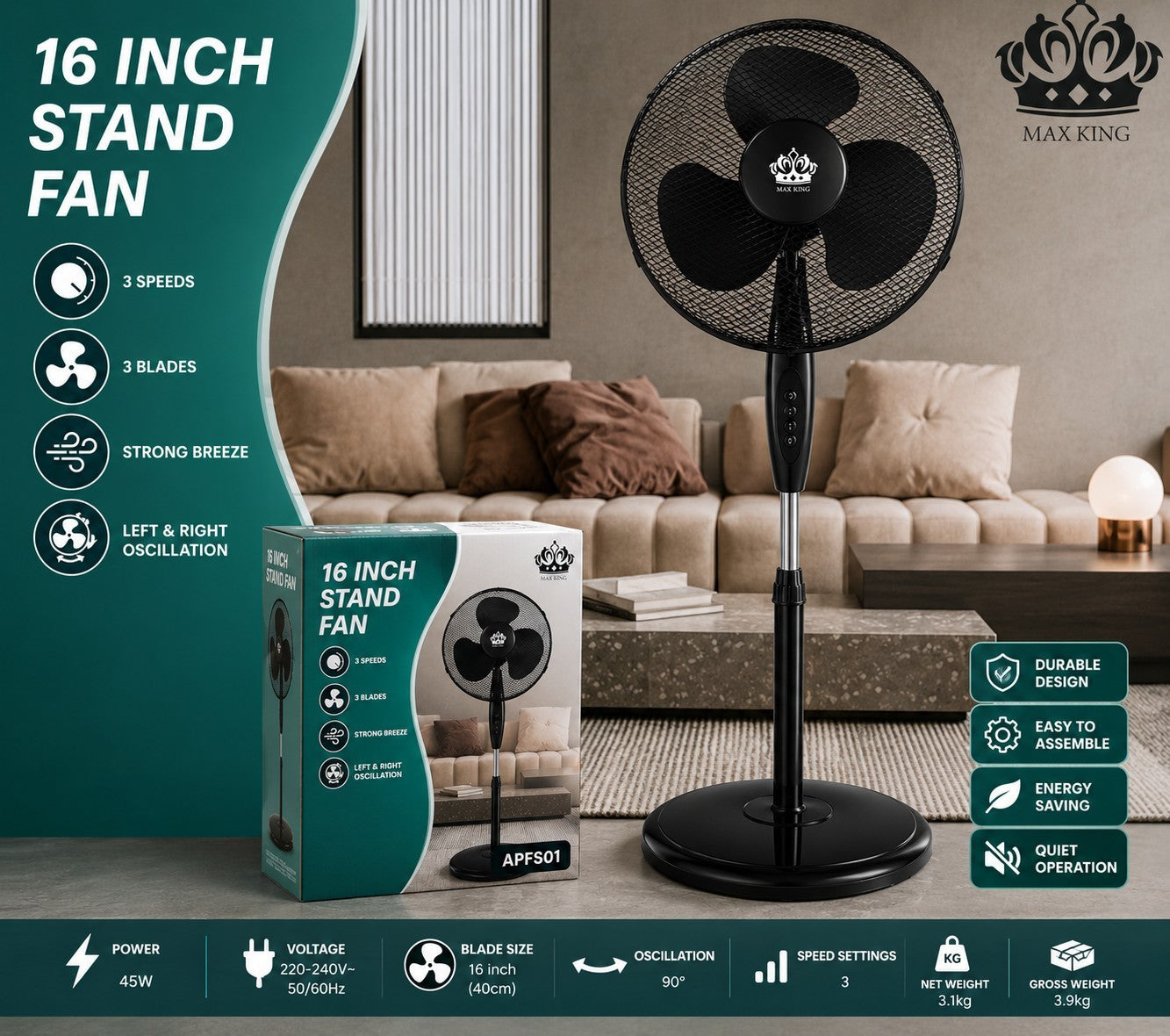 MAX KING 16" Stand Fan White 3 Speed Oscillating Pedestal Fan Heavy Round Base