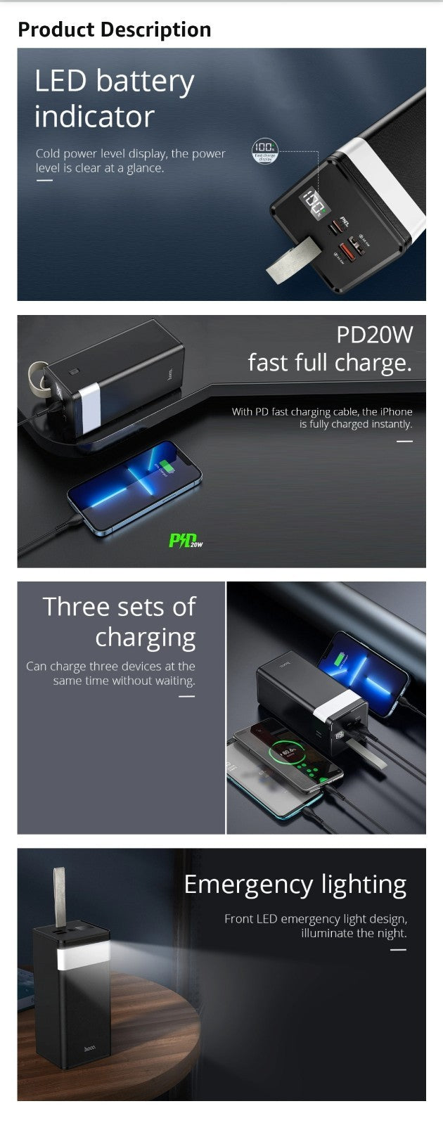 Hoco Super Fast Power Bank 40000mAh 4 Output, Micro / Type-C Input,Type-c Output