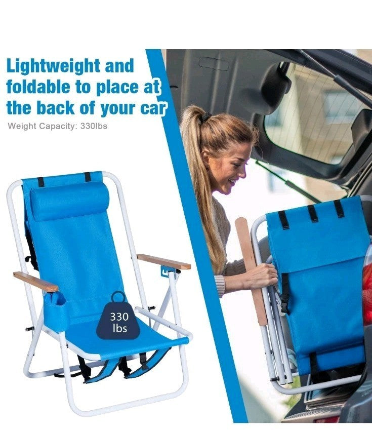 Folding Audlt Portable Backpack Chairs & Cup Holder for Camping/Garden/Beach x2