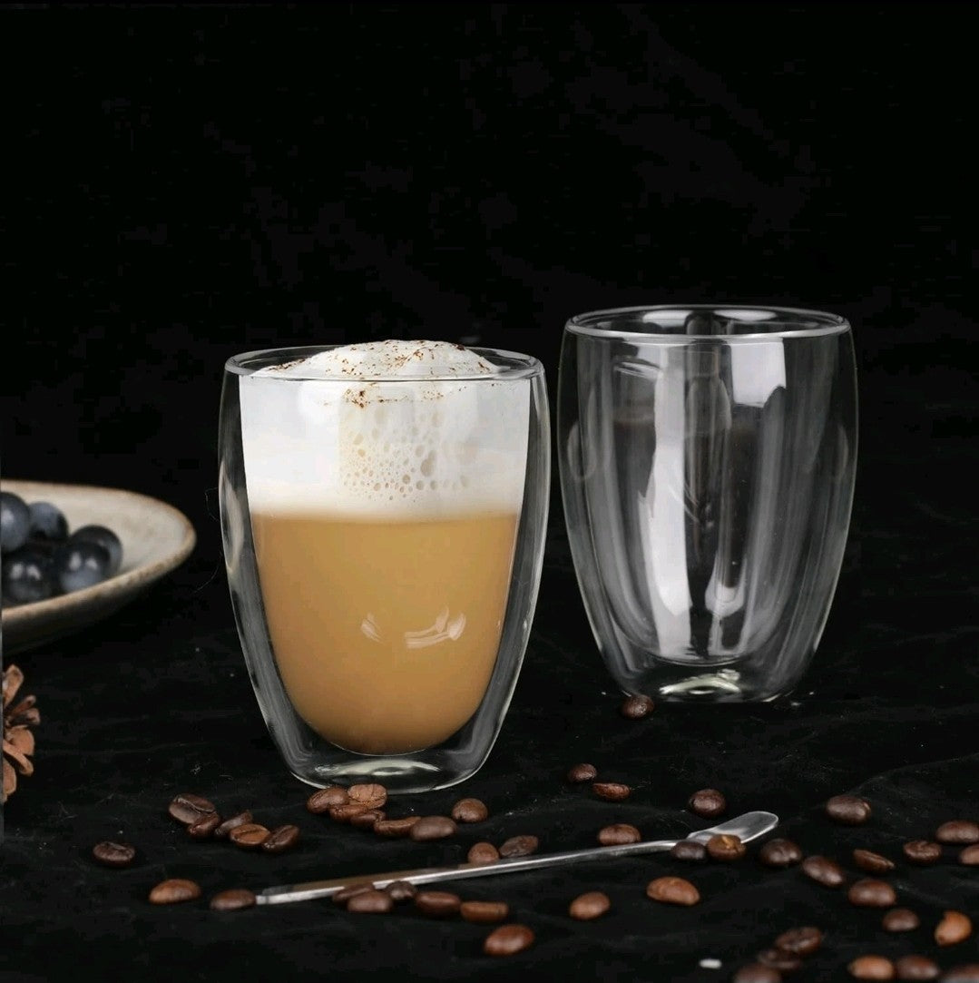 LIBWYS 6x 350ML Double Wall Glass Tea, Coffee Mugs + 6 Spoons – Heat Resistant 