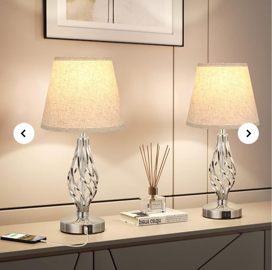 AOOSHINE Touch Table BedsideLamps Set of 2,USB-C USB-A Ports,3 Way Dimmable GREY