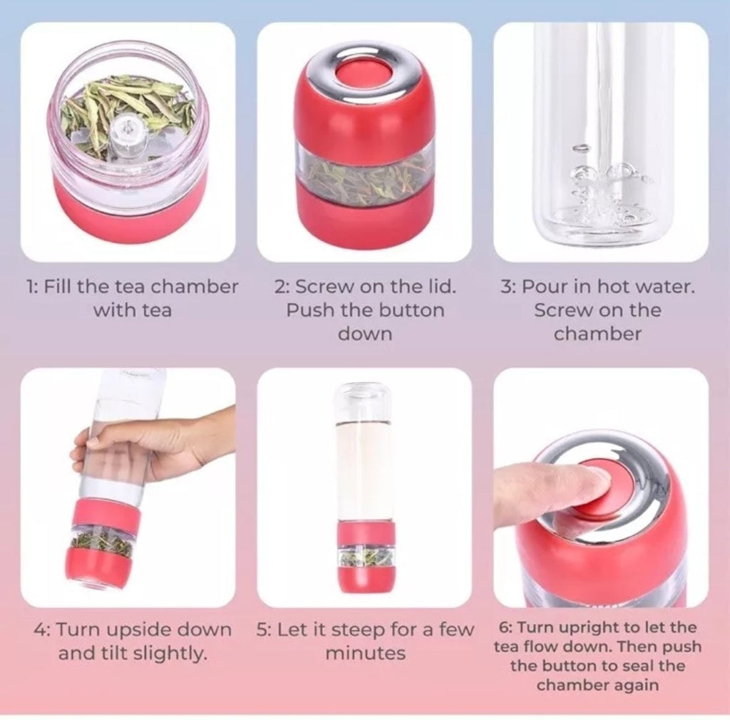 Hydrate Tea Infuser Bottle – 400ML Leak-Proof Glass Travel Mug with Tea Chamber