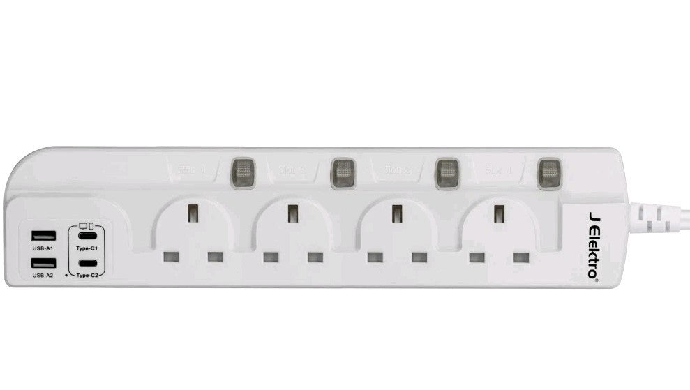 J Elektro 4 Way Extension Lead with Individual Switches, 4 USB Ports, 3 Meter 