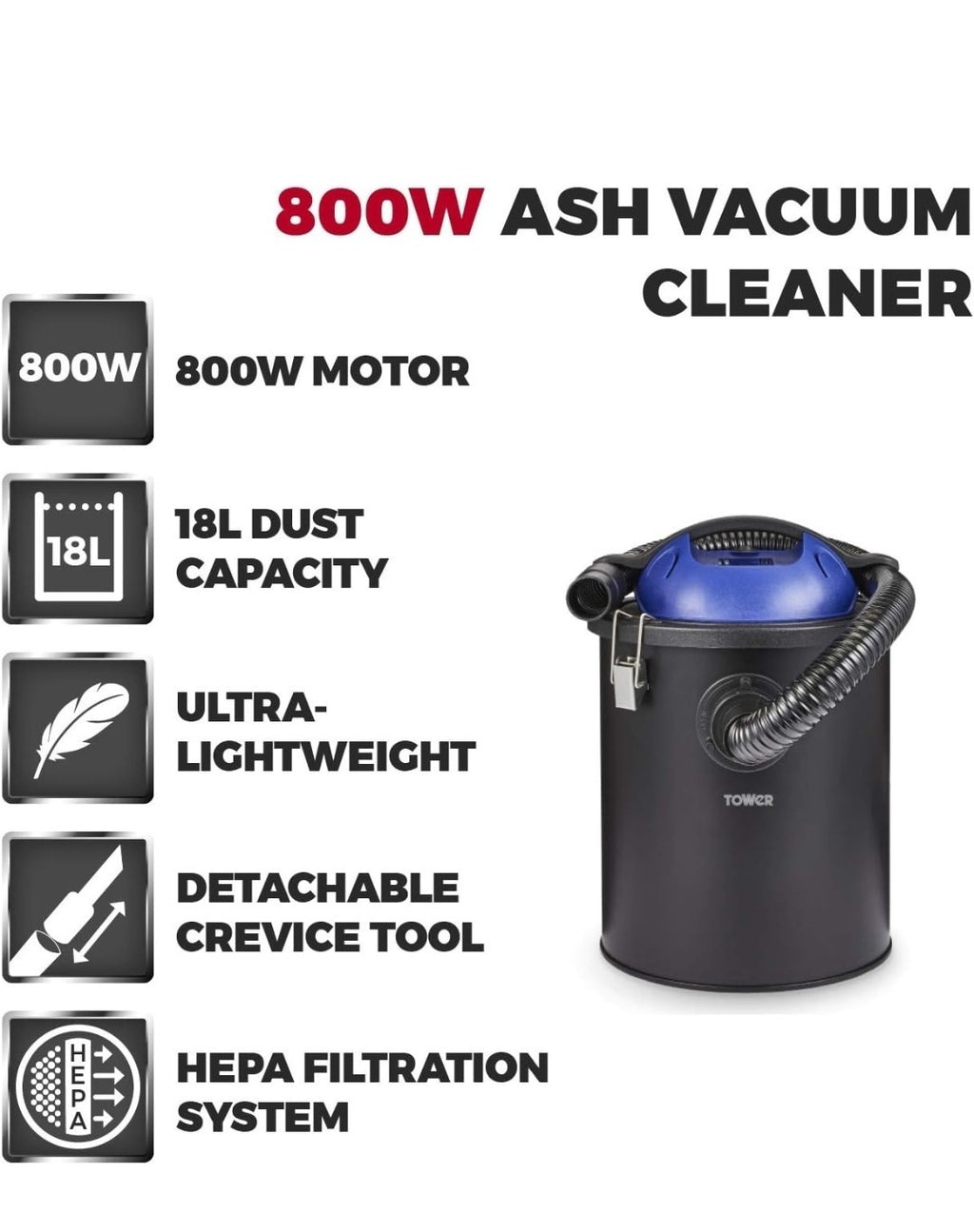 Tower TAV10 Ash 18L Powerful Vacuum Cleaner with HEPA Filter Ultra Lightweight 