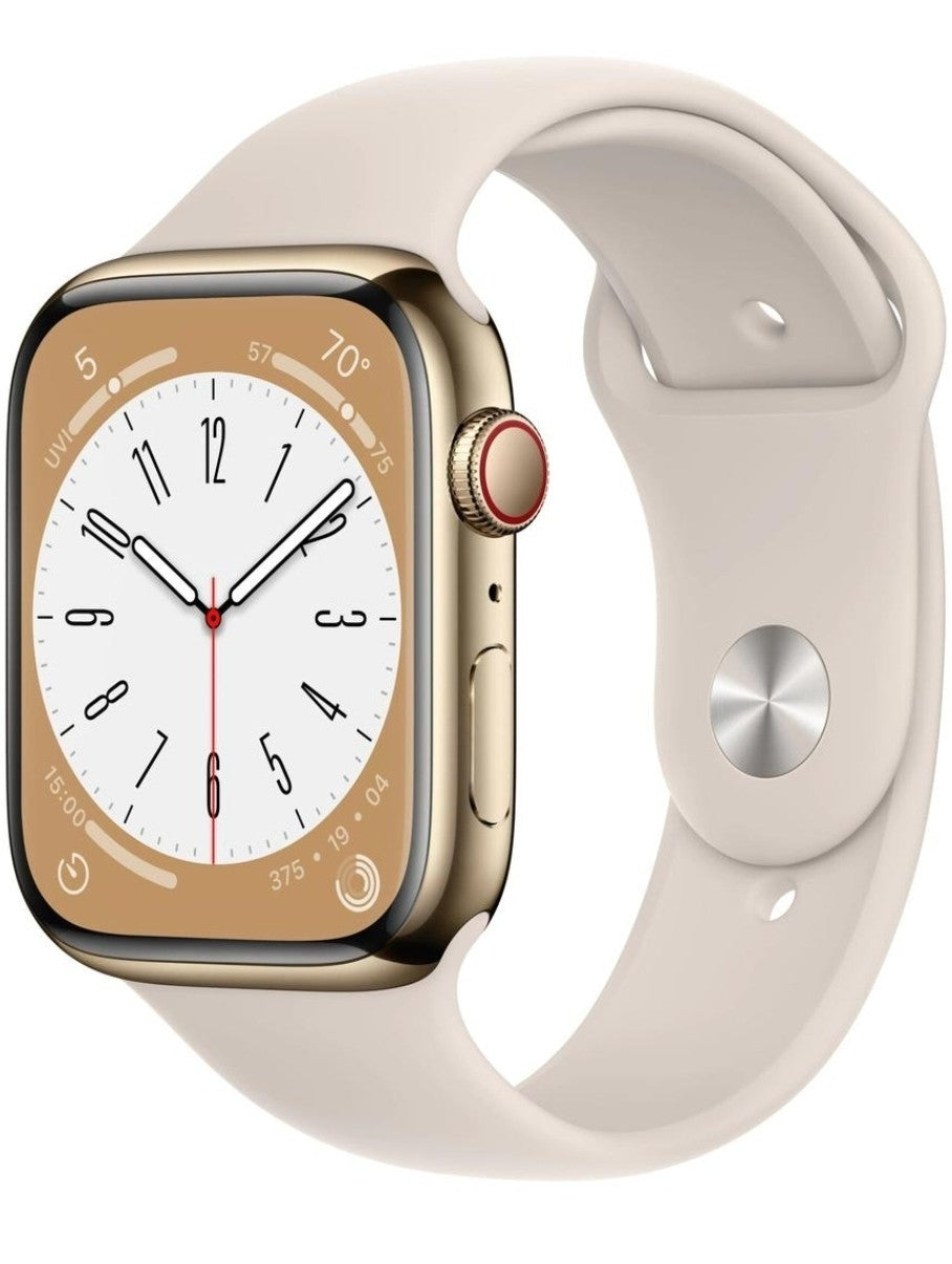 New Apple Watch Series 8 45mm Gold Stainless Steel GPS + Cellular (Model A2775).