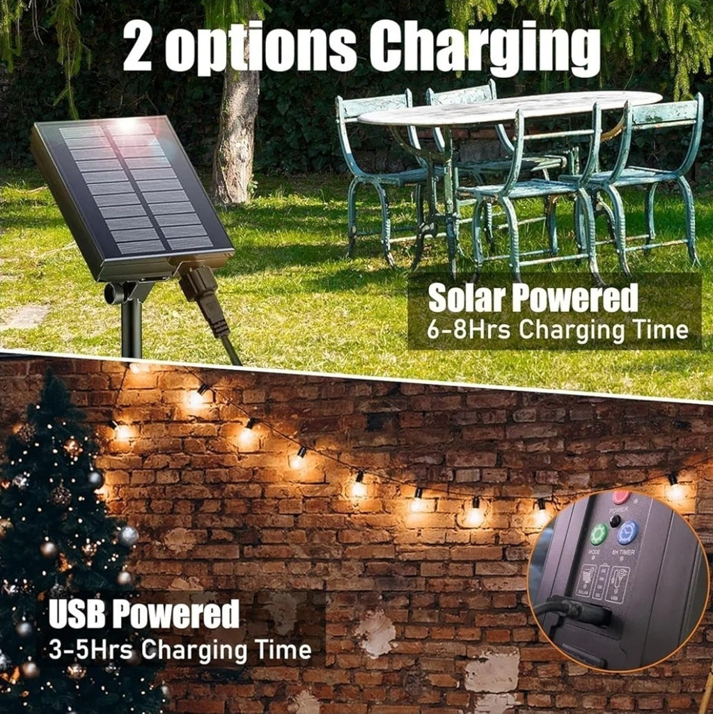 30ft solar & Usb Power outdoor garden Festoon String Light Waterproof 20 Bulbs