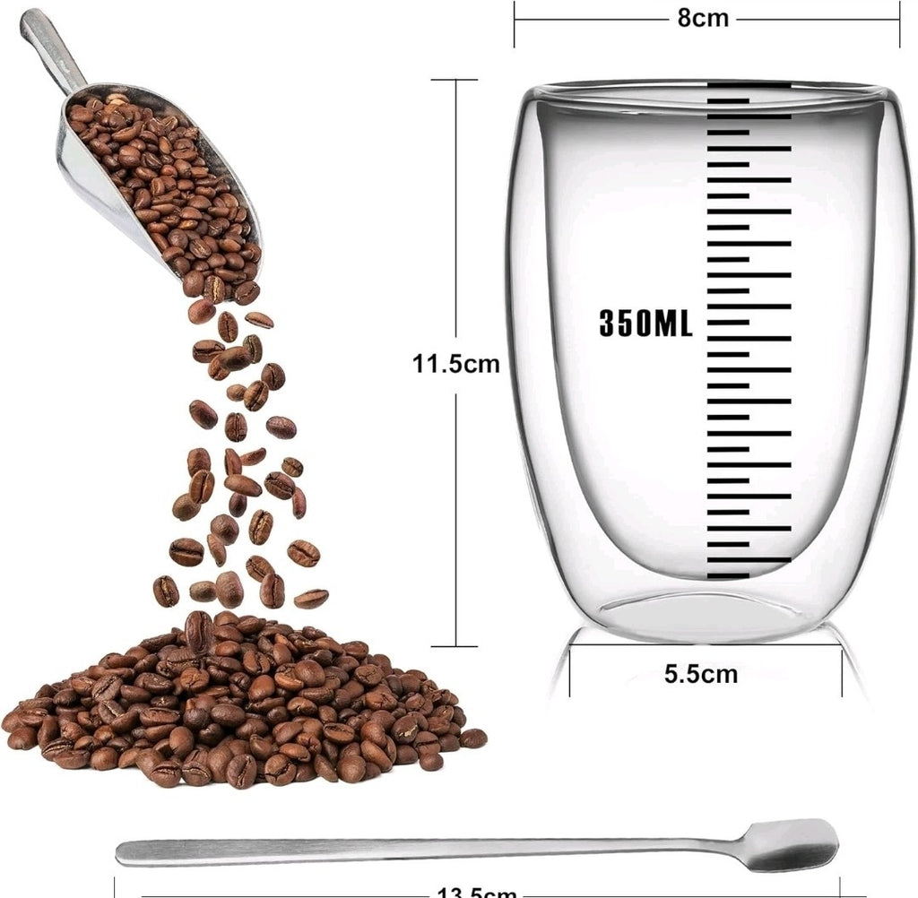 LIBWYS 6x 350ML Double Wall Glass Tea, Coffee Mugs + 6 Spoons – Heat Resistant 