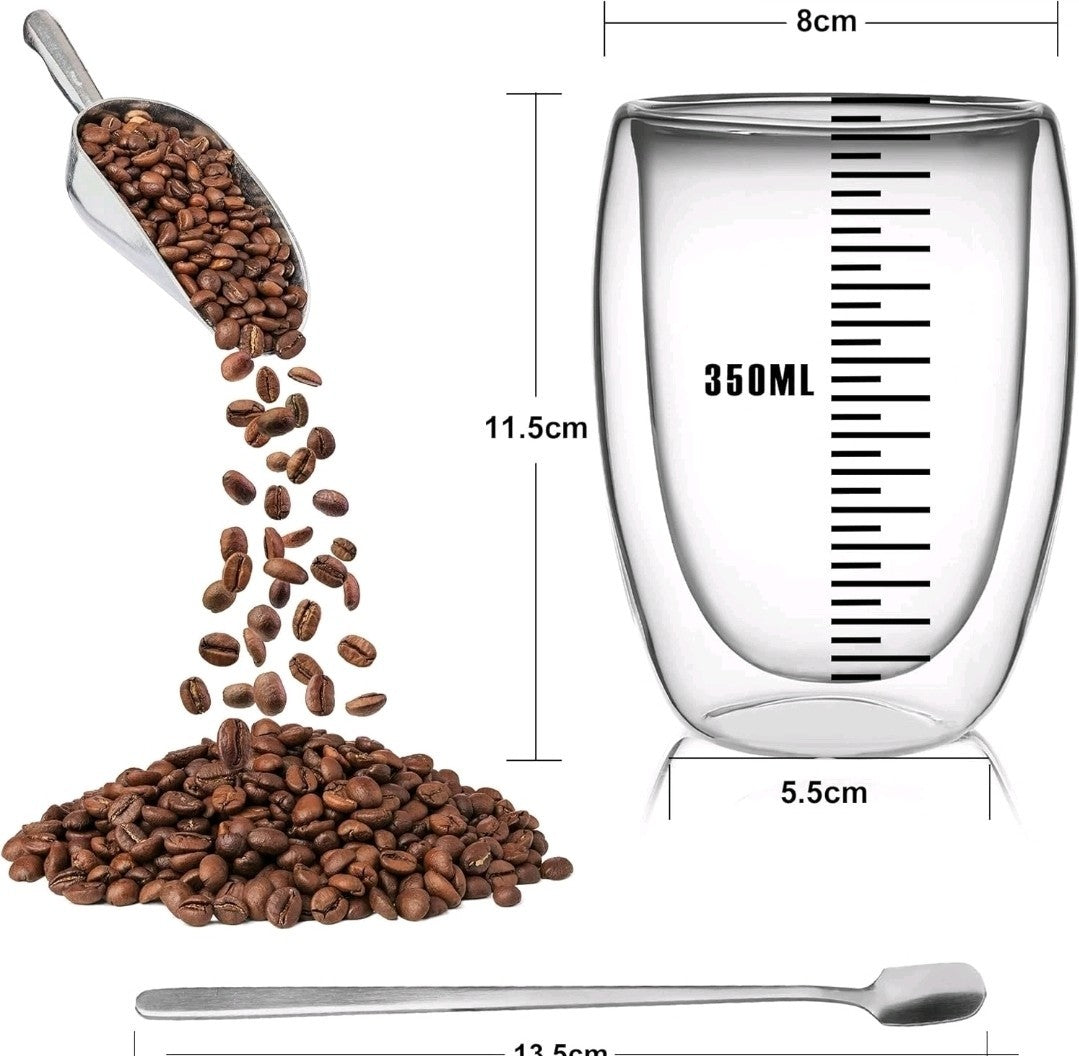 LIBWYS 6x 350ML Double Wall Glass Tea, Coffee Mugs + 6 Spoons – Heat Resistant 