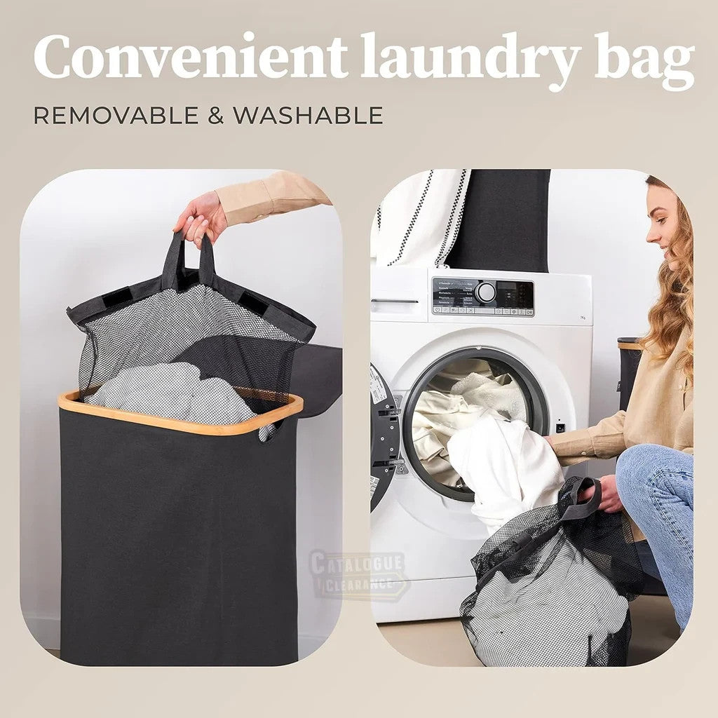 Adrian 100L Bamboo Laundry Hamper with Lid & Removable Bag in Dark Grey Colour