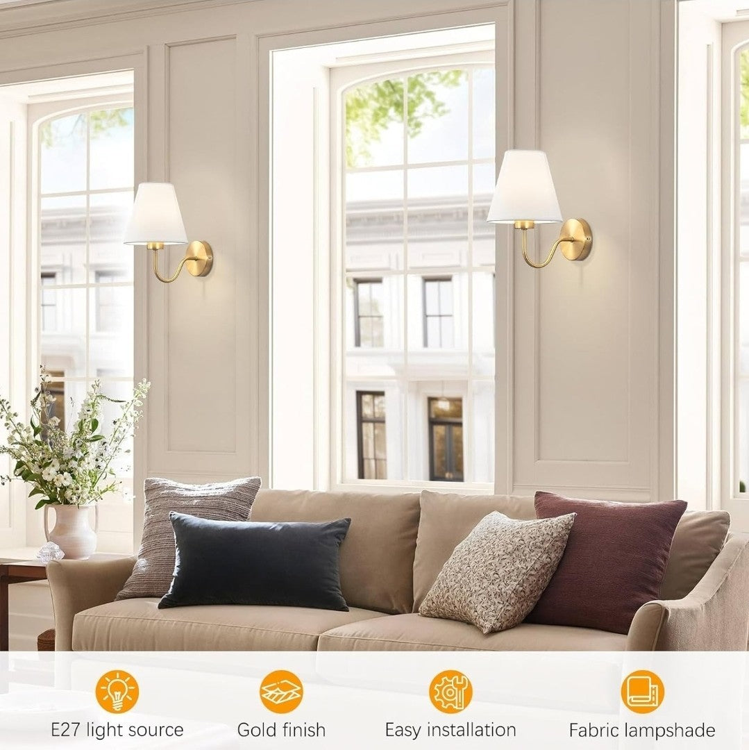 Antique Brass Classic Gold Wall Sconce with White Fabric Shade Modern E27 Light 