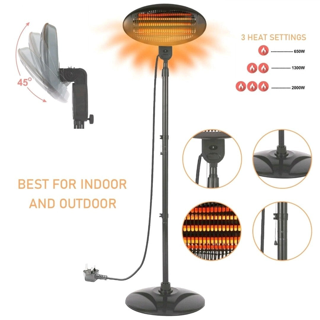 2KW Electric Patio Heater Free Standing Quartz Warmer Garden Outdoor Waterproof