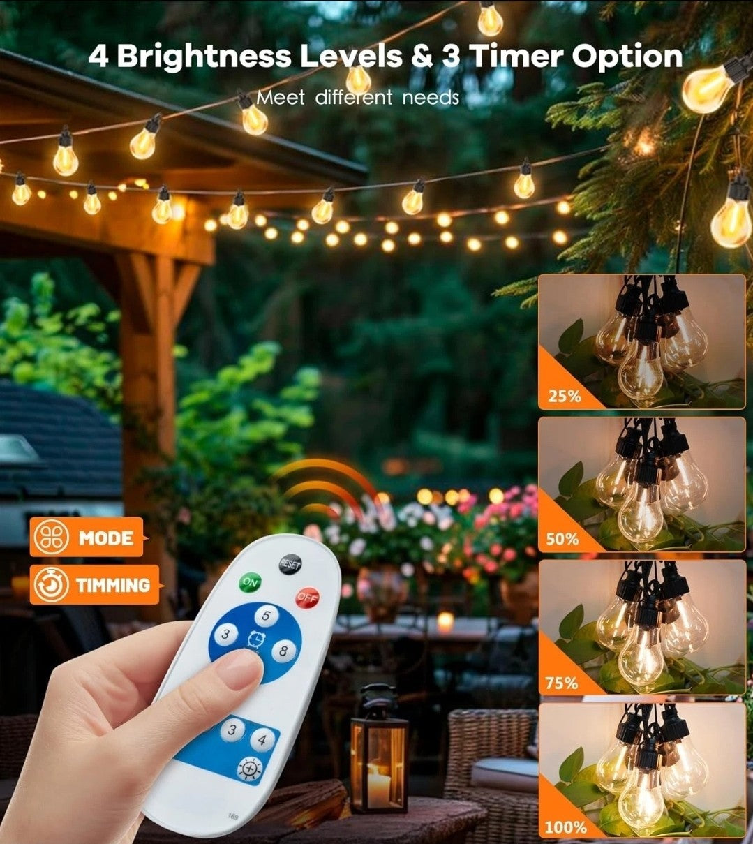50ft solar & Usb Power outdoor garden Festoon String Light Waterproof 20 Bulbs