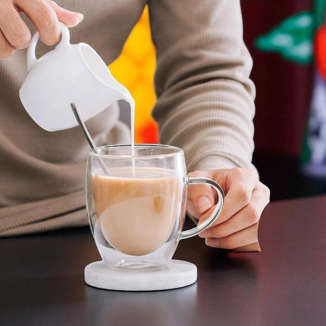LIBWYS 6x 350ML Double Wall Glass Tea, Coffee Mugs + 6 Spoons – Heat Resistant 