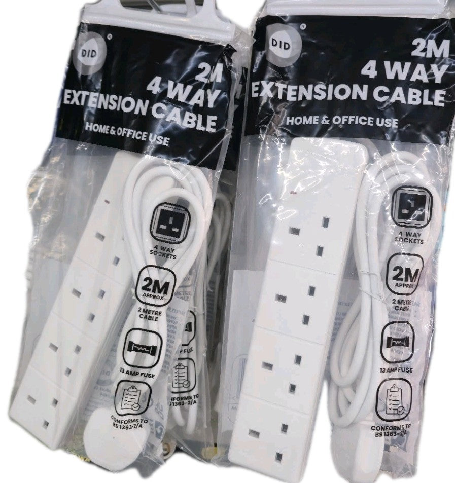 Electric Extension Lead, 4 GANG, 2 METER CABLE 13A UK Plug Multi Way Adapter