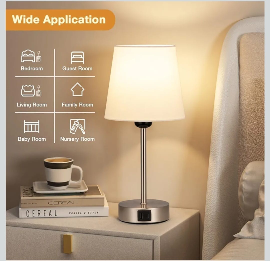 Set of 2 Touch Bedside Table Lamps with 3-Way Dimmable Light – Off-White Fabric 