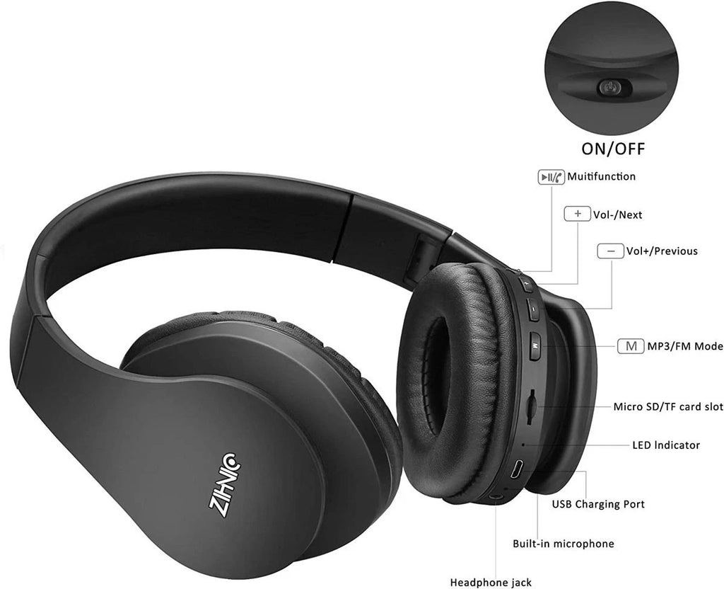 ZIHNIC Bluetooth Headphones Over-Ear, Foldable Wireless and Wired Stereo Headset