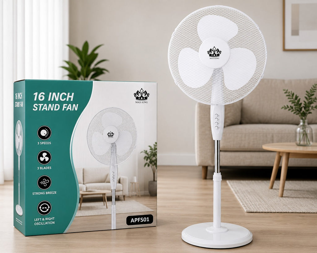 MAX KING 16" Stand Fan White 3 Speed Oscillating Pedestal Fan Heavy Round Base