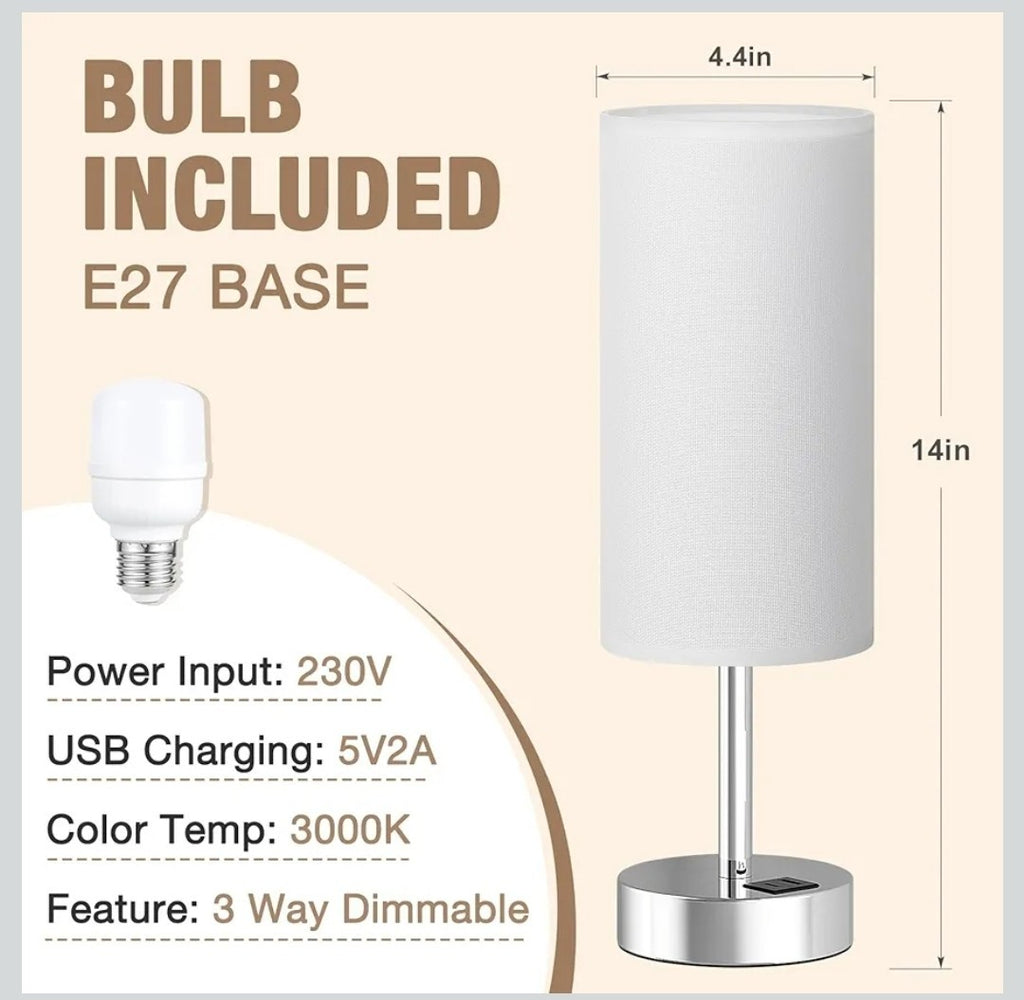 Touch Bedside Table Lamp x1 with 3-Way Dimmable Light – Usb + C Charging Ports