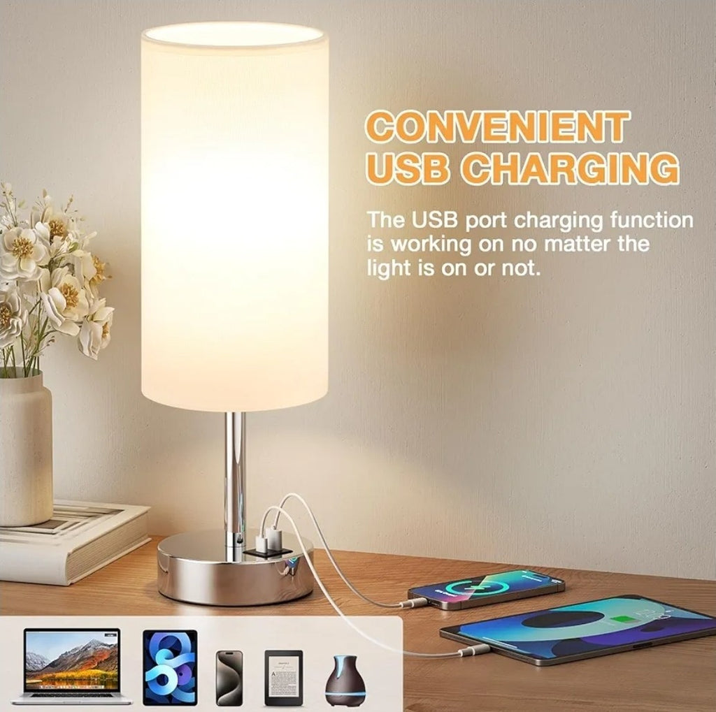Touch Bedside Table Lamp x1 with 3-Way Dimmable Light – Usb + C Charging Ports