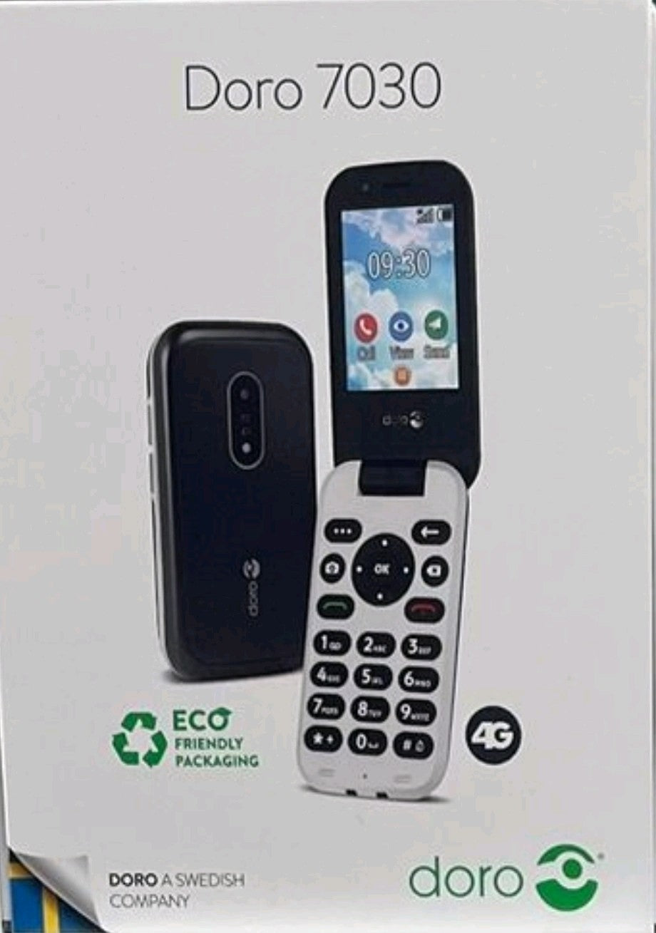 New Doro 7030 4G Dual sim, Big Keys, Loud Sound, Black & White factory unlocked.
